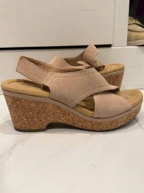 Clarks Beige Nude Suede Cork Wedge Sandals - Women